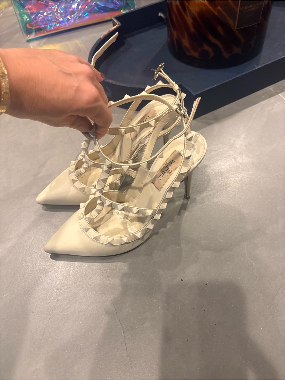 Valentino Ivory Leather Rockstud T-Strap Pointed Heels